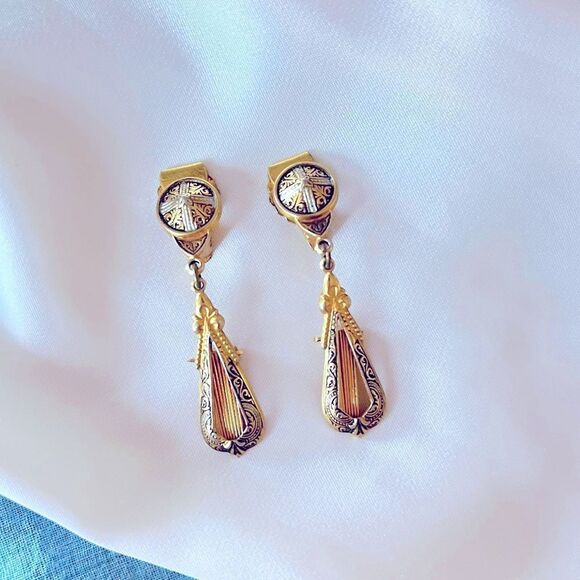Vintage Spanish Damascene Drop Earrings - Picture 1 of 5
